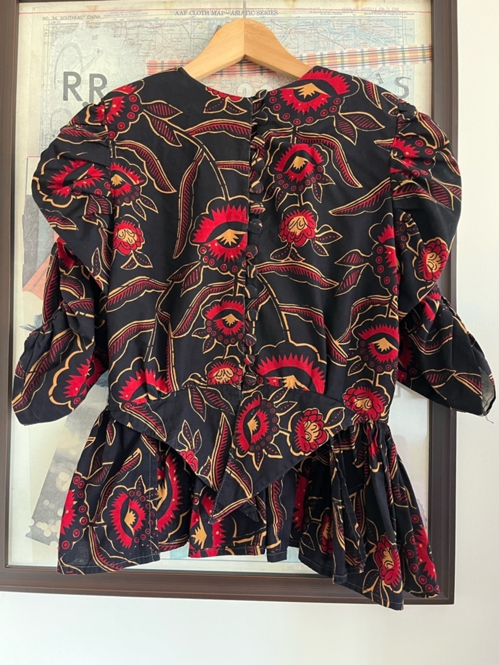 Vintage 100% Cotton Hand Crafted Button Front Peplum Black Red Yellow Blouse S/M
